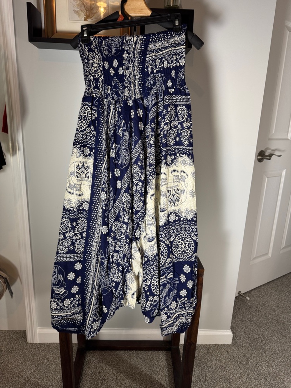Boho Navy and Ivory Smocked Waist Harem Joggers